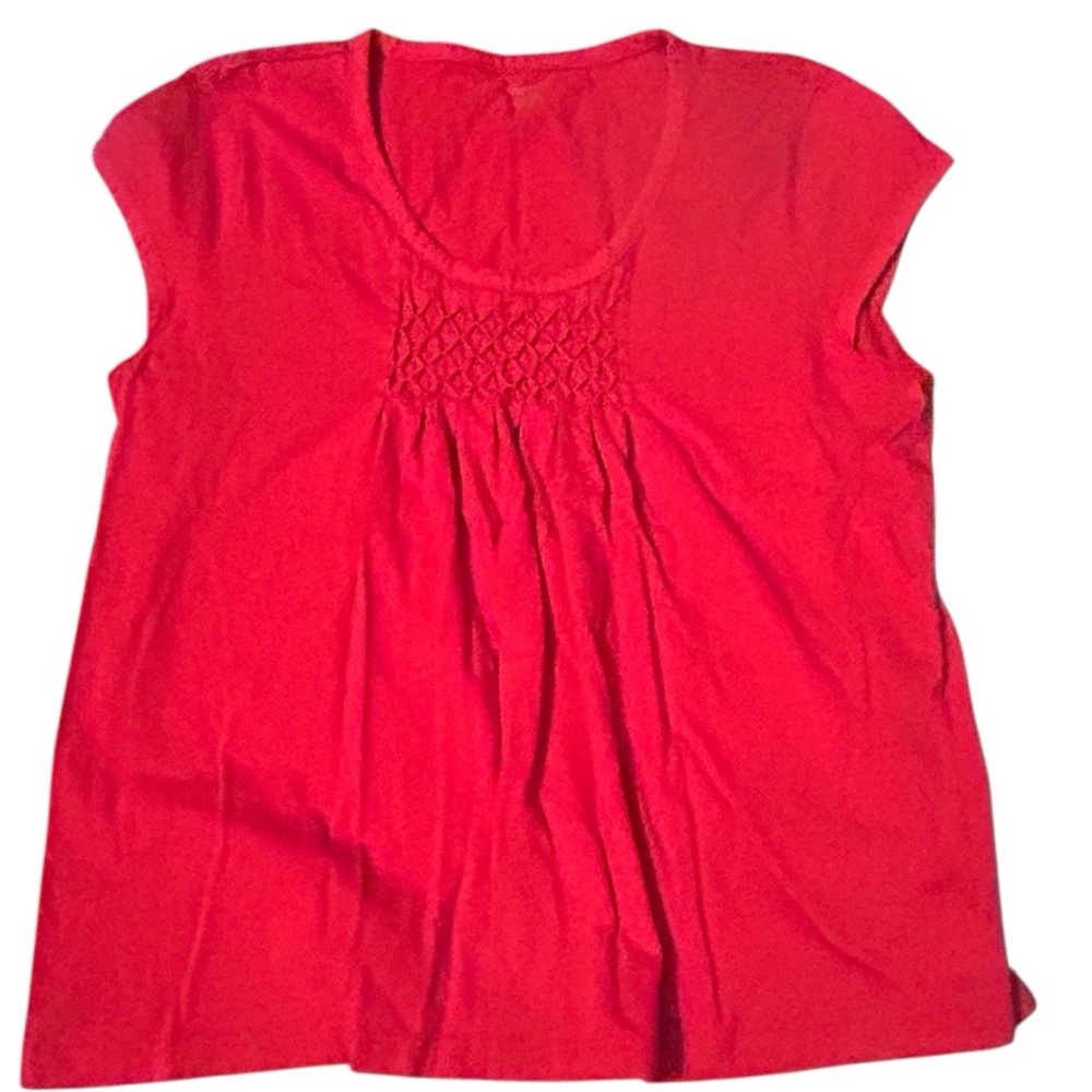 Hannah Red Cotton Top Smocked Neckline Cap Sleeves Womens XL Extra Large‎